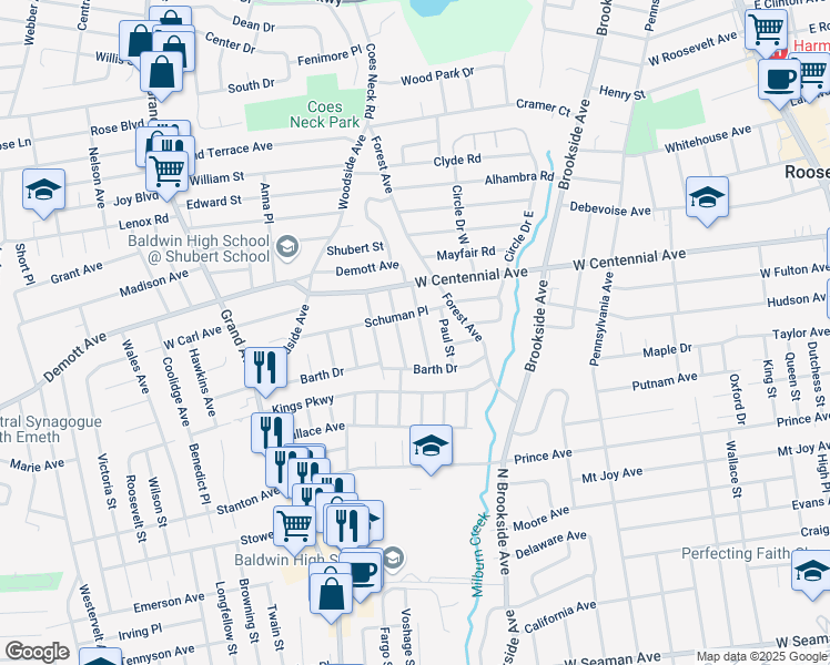 map of restaurants, bars, coffee shops, grocery stores, and more near 1492 Prince Street in Baldwin