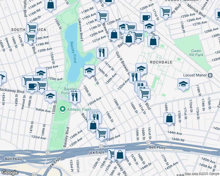 map of restaurants, bars, coffee shops, grocery stores, and more near 130-19 158th Street in Queens