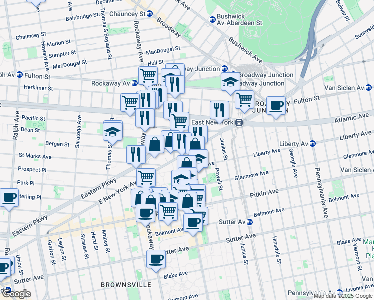 map of restaurants, bars, coffee shops, grocery stores, and more near 219 Mother Gaston Boulevard in Brooklyn