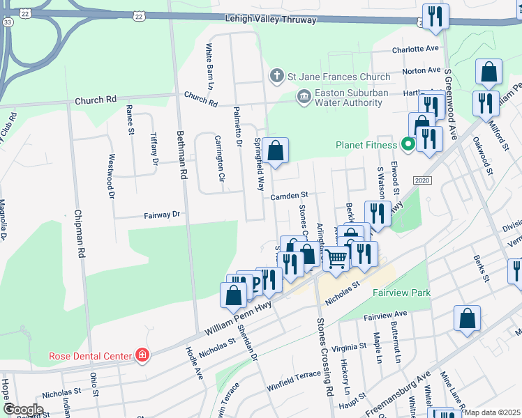 map of restaurants, bars, coffee shops, grocery stores, and more near 373 Springfield Way in Easton