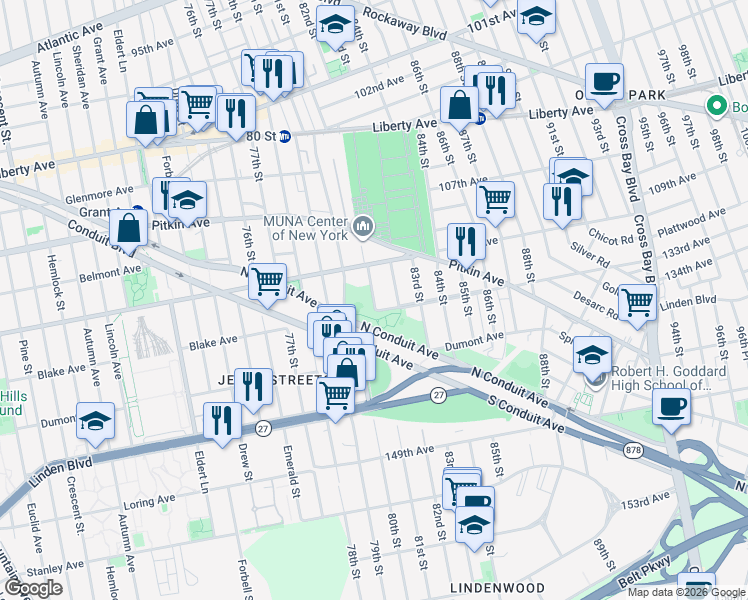 map of restaurants, bars, coffee shops, grocery stores, and more near 132-35 81st Street in Queens