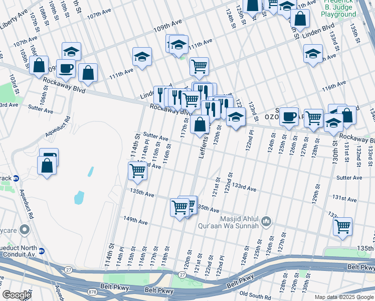 map of restaurants, bars, coffee shops, grocery stores, and more near 130-12 118th Street in Queens