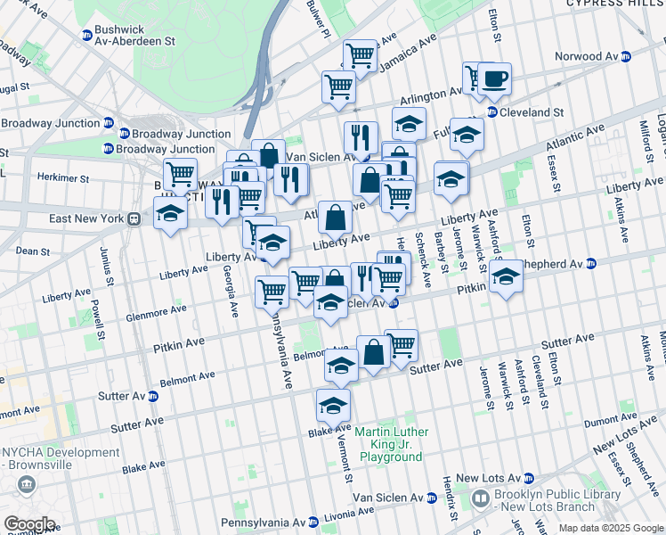 map of restaurants, bars, coffee shops, grocery stores, and more near 207 Wyona Street in Brooklyn
