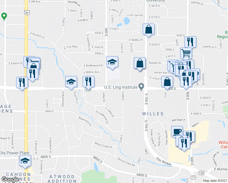 map of restaurants, bars, coffee shops, grocery stores, and more near 536 East 4500 South in Murray