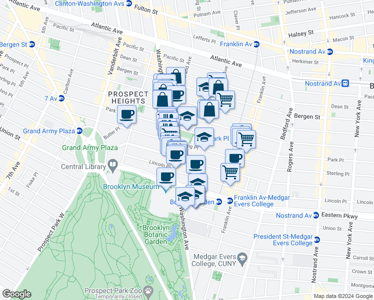 map of restaurants, bars, coffee shops, grocery stores, and more near 500 Sterling Place in Brooklyn