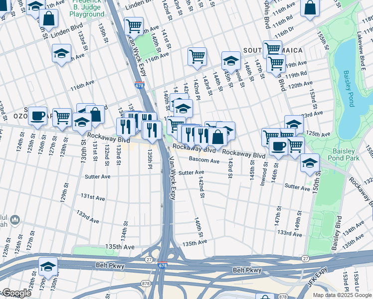 map of restaurants, bars, coffee shops, grocery stores, and more near 140-18 Rockaway Boulevard in Queens