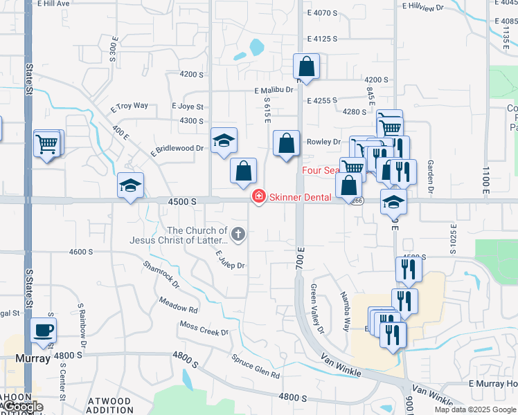map of restaurants, bars, coffee shops, grocery stores, and more near 4511 South 600 East in Murray