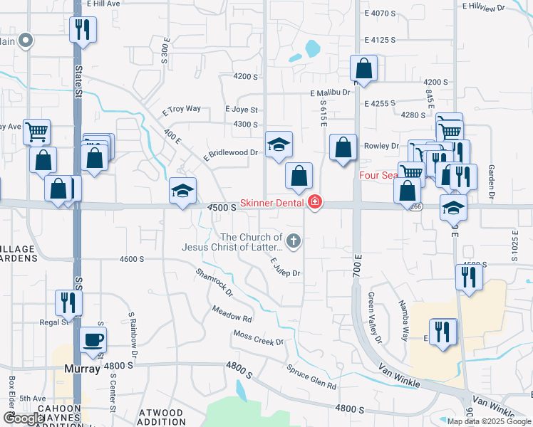 map of restaurants, bars, coffee shops, grocery stores, and more near 475 Triton Court in Murray