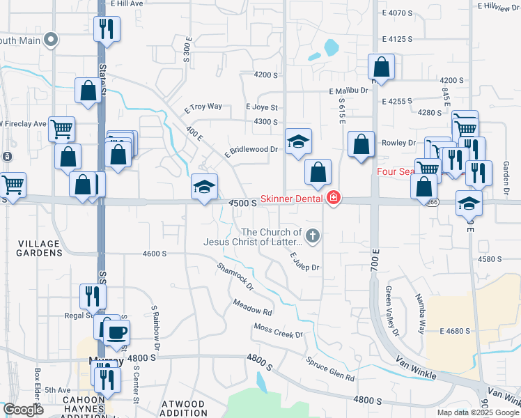 map of restaurants, bars, coffee shops, grocery stores, and more near 404 East 4500 South in Millcreek