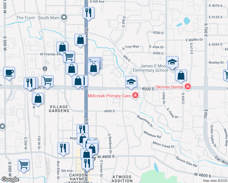 map of restaurants, bars, coffee shops, grocery stores, and more near 214 East 4500 South in Murray