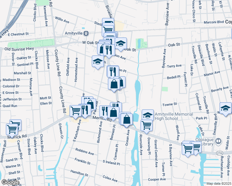 map of restaurants, bars, coffee shops, grocery stores, and more near 85 Broadway in Amityville