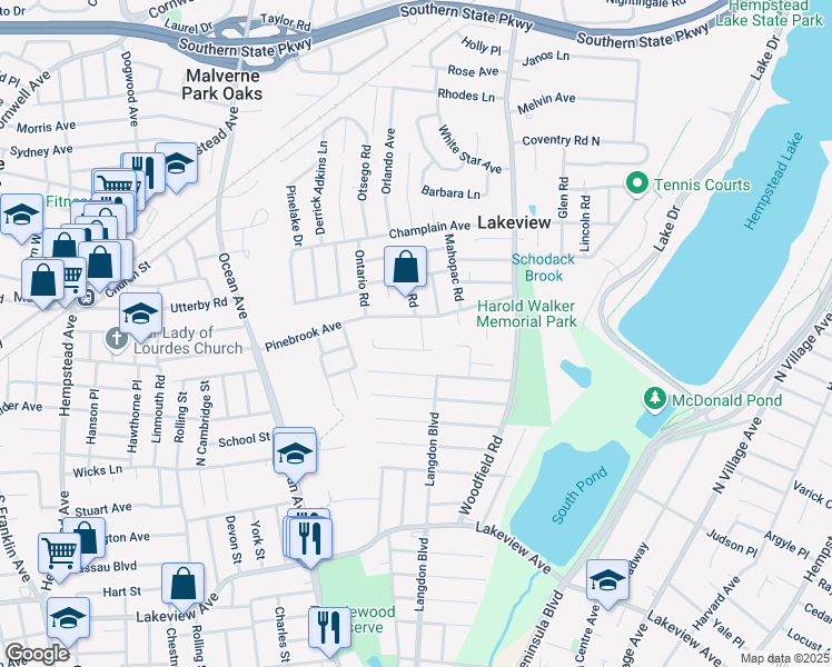 map of restaurants, bars, coffee shops, grocery stores, and more near 489 Pinebrook Avenue in West Hempstead