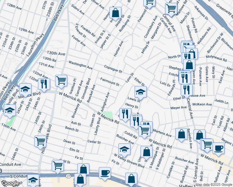 map of restaurants, bars, coffee shops, grocery stores, and more near 103 Lyon Street in Valley Stream