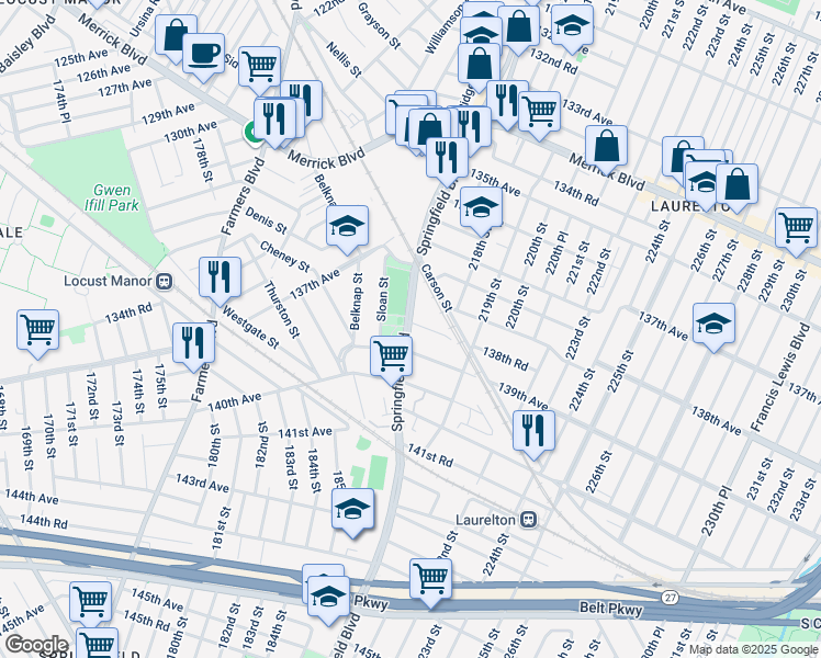 map of restaurants, bars, coffee shops, grocery stores, and more near 139-04 Springfield Boulevard in Queens