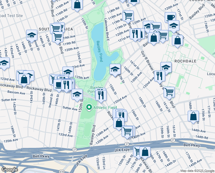 map of restaurants, bars, coffee shops, grocery stores, and more near 154-05 129th Avenue in Queens