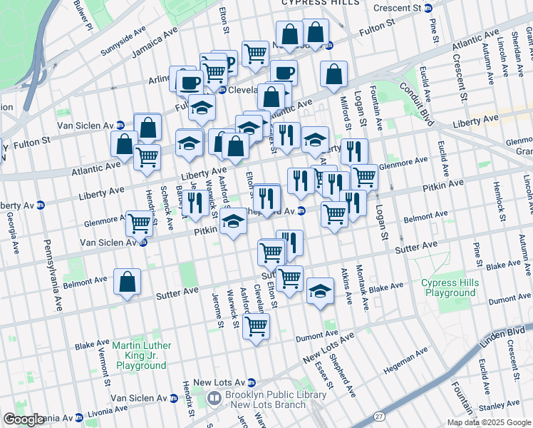 map of restaurants, bars, coffee shops, grocery stores, and more near 2437 Pitkin Avenue in Brooklyn