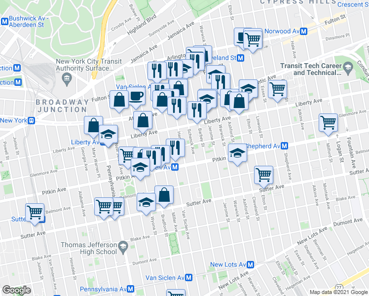 map of restaurants, bars, coffee shops, grocery stores, and more near 326 Hendrix Street in Brooklyn