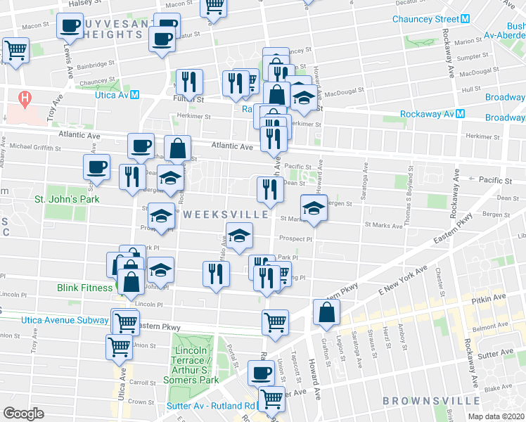 map of restaurants, bars, coffee shops, grocery stores, and more near 1373 Saint Marks Avenue in Brooklyn
