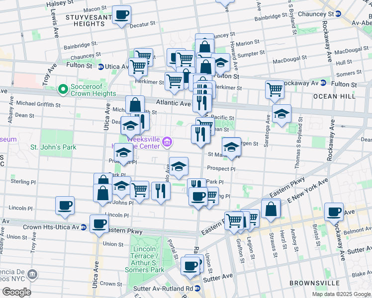 map of restaurants, bars, coffee shops, grocery stores, and more near 1373 Saint Marks Avenue in Brooklyn