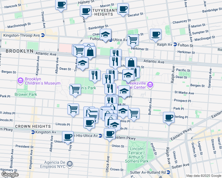 map of restaurants, bars, coffee shops, grocery stores, and more near 35 Utica Avenue in Brooklyn
