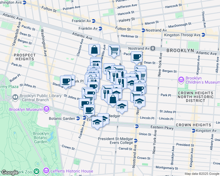 map of restaurants, bars, coffee shops, grocery stores, and more near 701 Park Place in Brooklyn