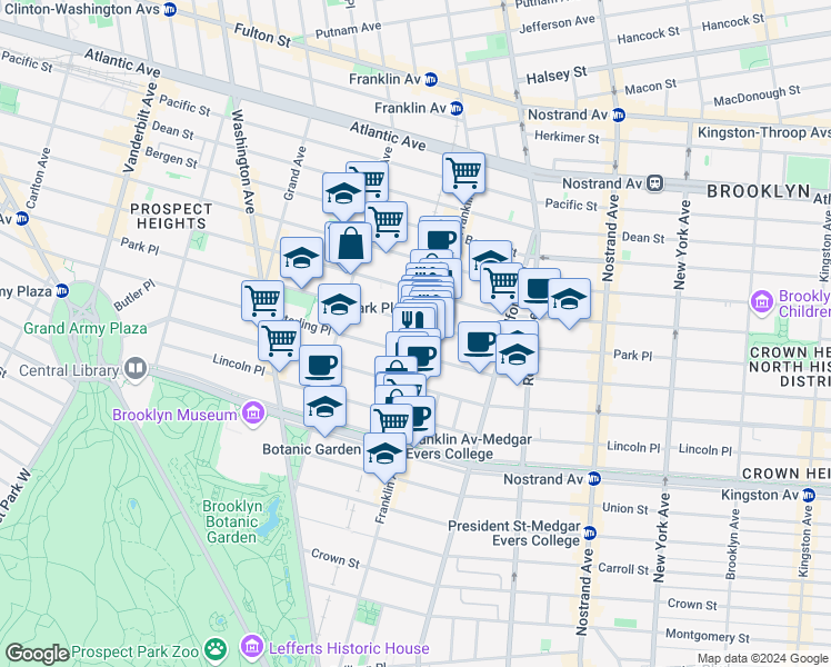 map of restaurants, bars, coffee shops, grocery stores, and more near 626 Park Place in Brooklyn