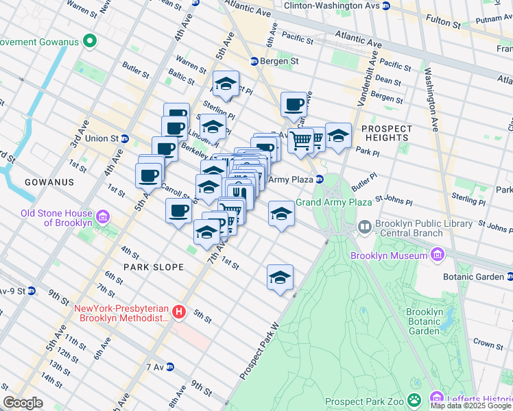 map of restaurants, bars, coffee shops, grocery stores, and more near 109 7th Avenue in Brooklyn
