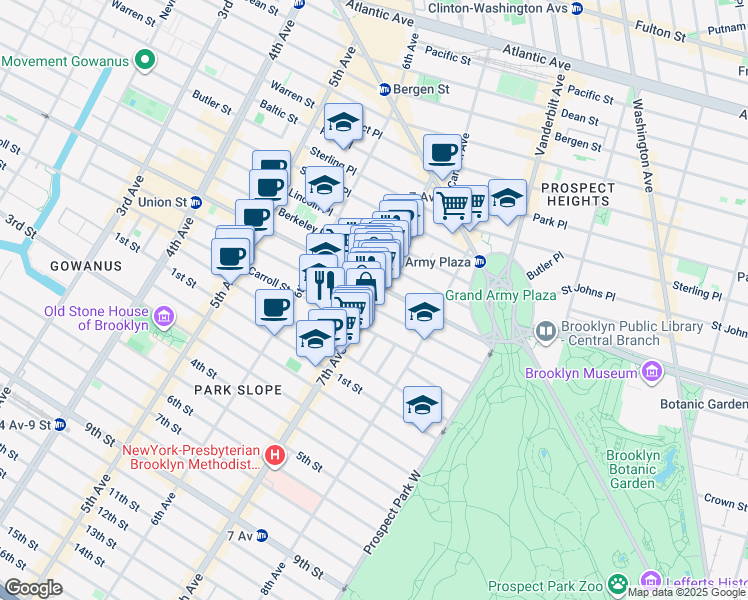 map of restaurants, bars, coffee shops, grocery stores, and more near 109 7th Avenue in Brooklyn