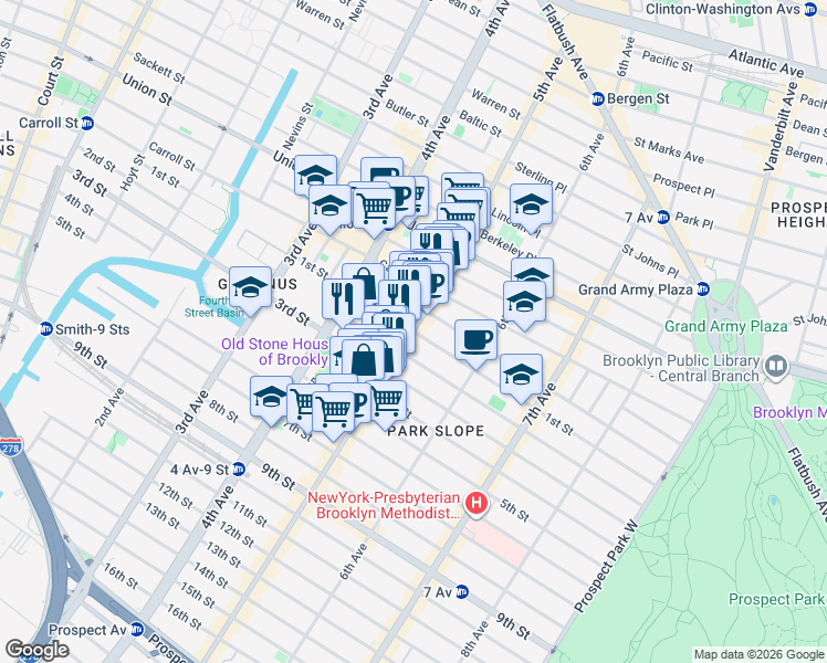 map of restaurants, bars, coffee shops, grocery stores, and more near 5th Avenue & 1st Street in Brooklyn