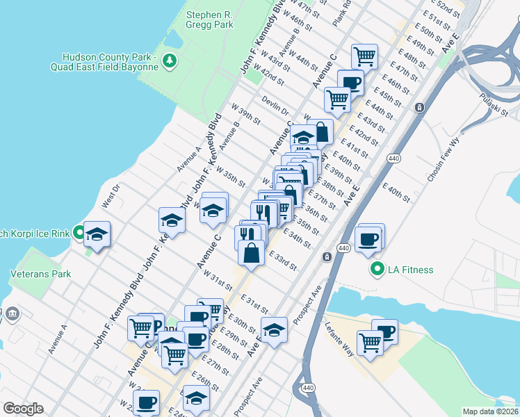 map of restaurants, bars, coffee shops, grocery stores, and more near 39 East 34th Street in Bayonne