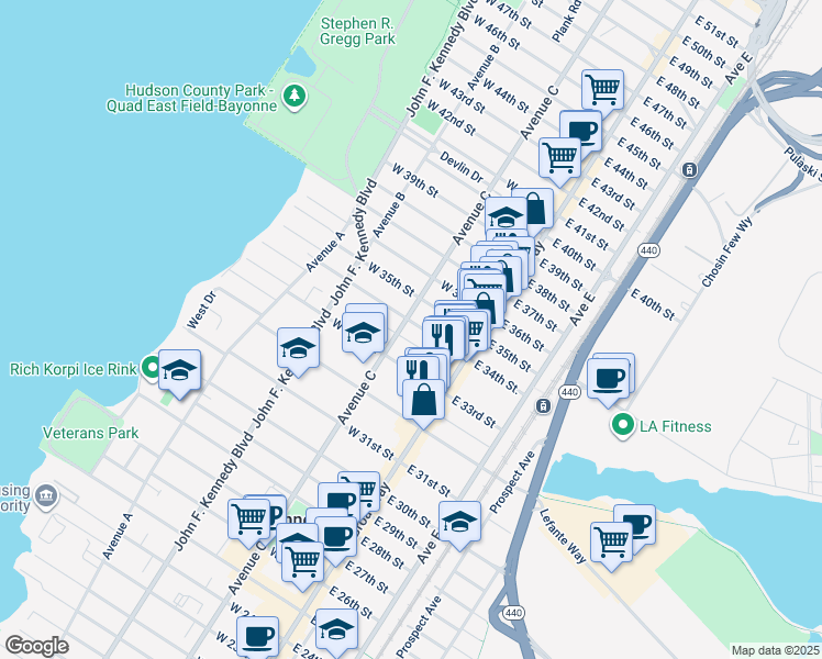 map of restaurants, bars, coffee shops, grocery stores, and more near 39 East 34th Street in Bayonne