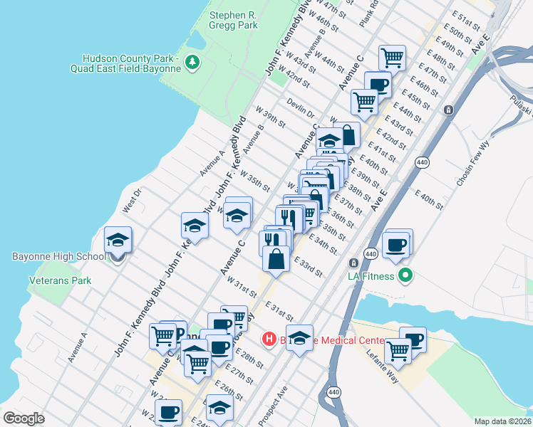 map of restaurants, bars, coffee shops, grocery stores, and more near 39 East 34th Street in Bayonne