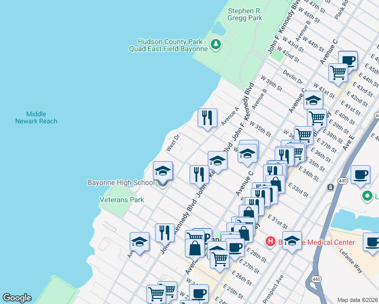map of restaurants, bars, coffee shops, grocery stores, and more near 729 Avenue A in Bayonne