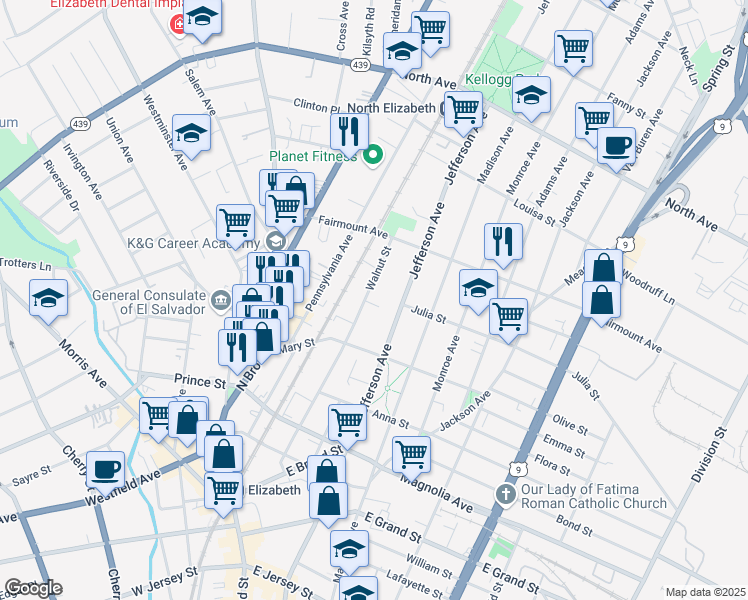 map of restaurants, bars, coffee shops, grocery stores, and more near 545 Walnut Street in Elizabeth