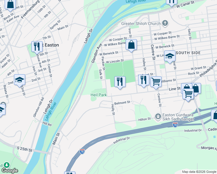 map of restaurants, bars, coffee shops, grocery stores, and more near 837 Packer Street in Easton