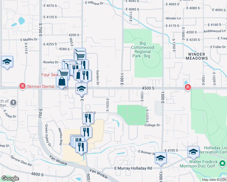 map of restaurants, bars, coffee shops, grocery stores, and more near 4510 Countrylane Road in Millcreek
