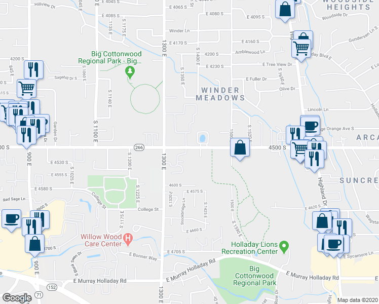 map of restaurants, bars, coffee shops, grocery stores, and more near 1380 East 4500 South in Millcreek