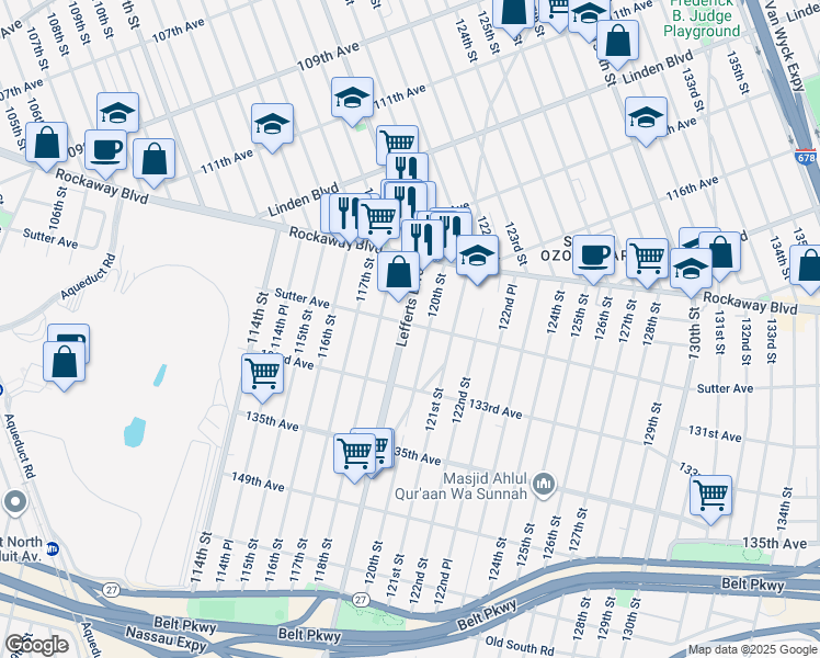 map of restaurants, bars, coffee shops, grocery stores, and more near 130-1 Lefferts Boulevard in Queens