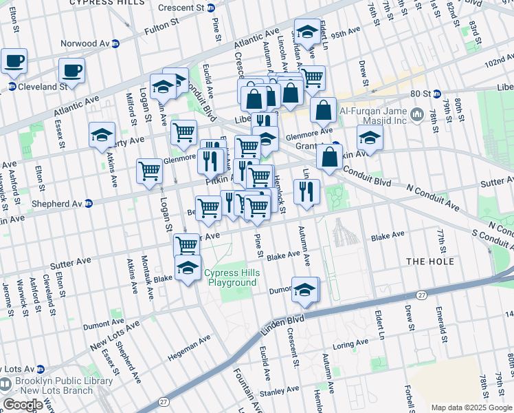 map of restaurants, bars, coffee shops, grocery stores, and more near 469 Pine Street in Brooklyn