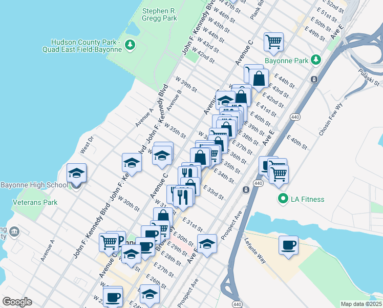 map of restaurants, bars, coffee shops, grocery stores, and more near 39 East 34th Street in Bayonne