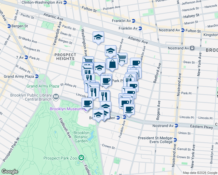 map of restaurants, bars, coffee shops, grocery stores, and more near Sterling Pl & Classon Ave in Brooklyn