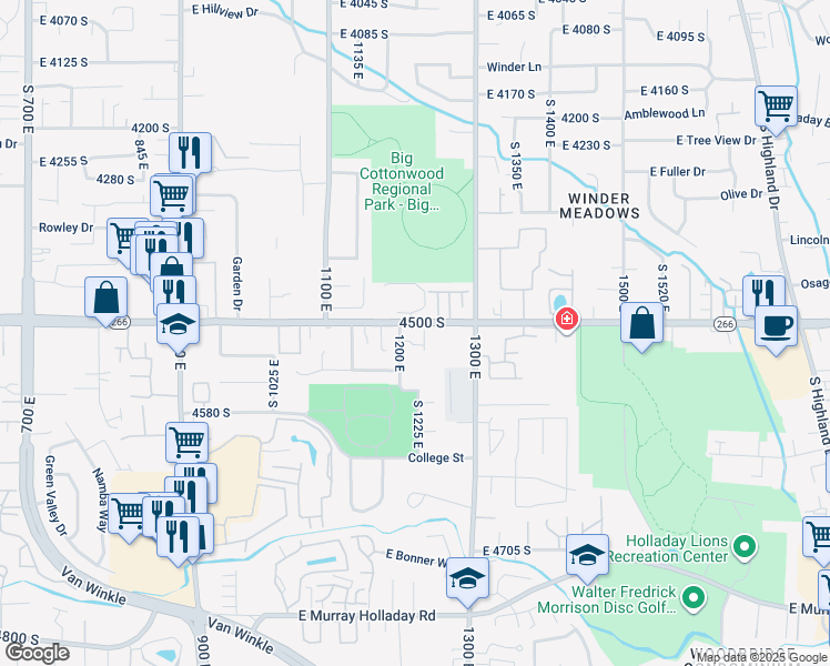 map of restaurants, bars, coffee shops, grocery stores, and more near 1212 East 4500 South in Millcreek