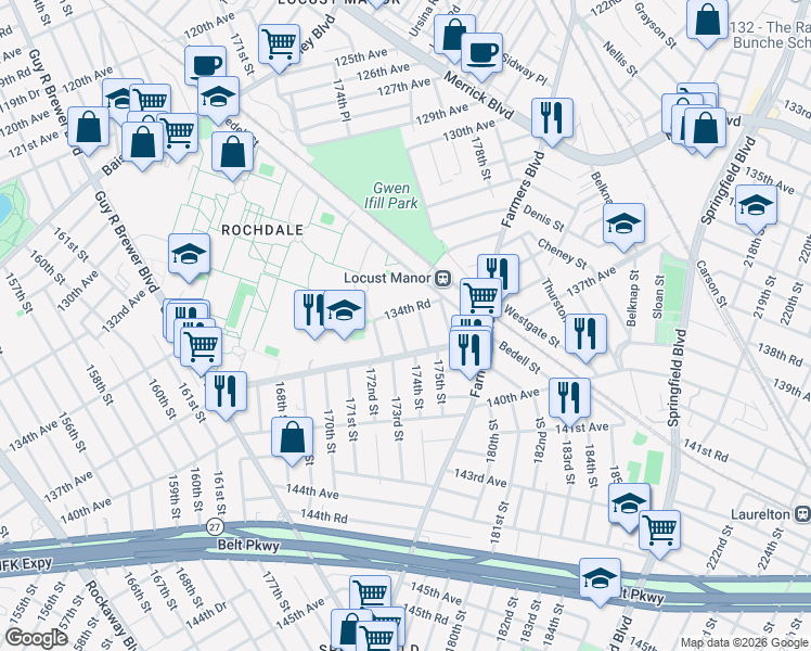 map of restaurants, bars, coffee shops, grocery stores, and more near 134-41 174th Street in Queens