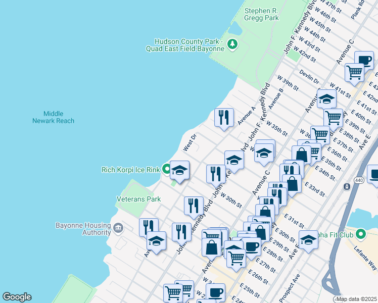 map of restaurants, bars, coffee shops, grocery stores, and more near 183 West 31st Street in Bayonne