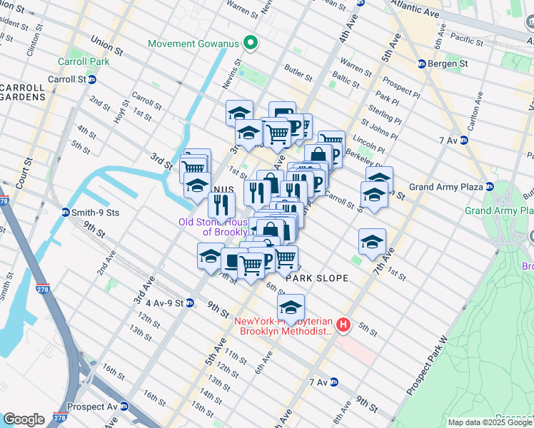 map of restaurants, bars, coffee shops, grocery stores, and more near 320 2nd Street in Brooklyn