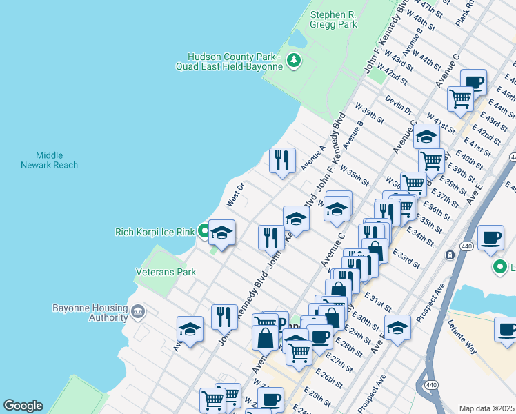 map of restaurants, bars, coffee shops, grocery stores, and more near 729 Avenue A in Bayonne