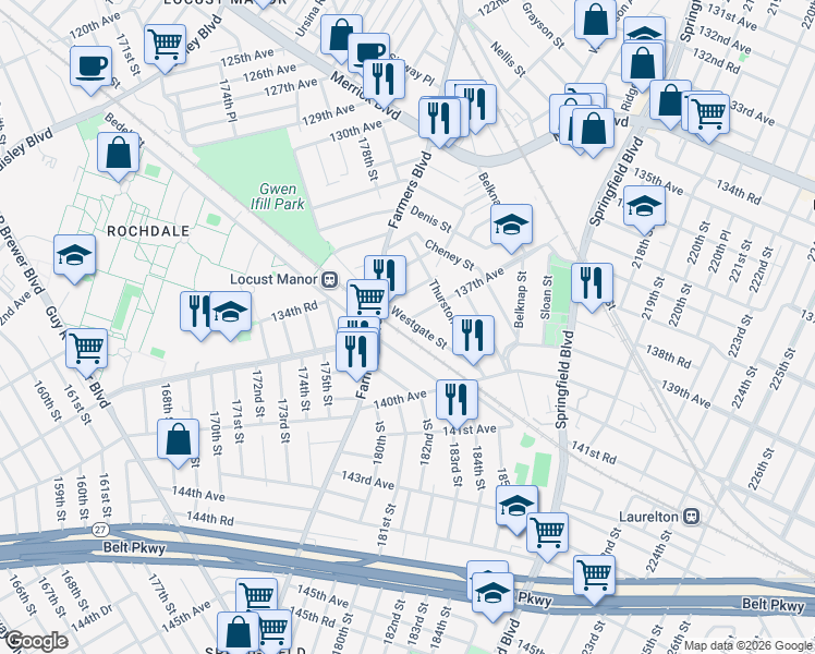 map of restaurants, bars, coffee shops, grocery stores, and more near 136-36 Westgate Street in Queens