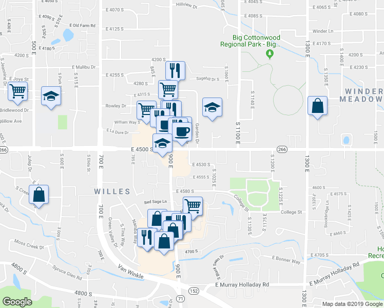 map of restaurants, bars, coffee shops, grocery stores, and more near 960 East 4500 South in Millcreek