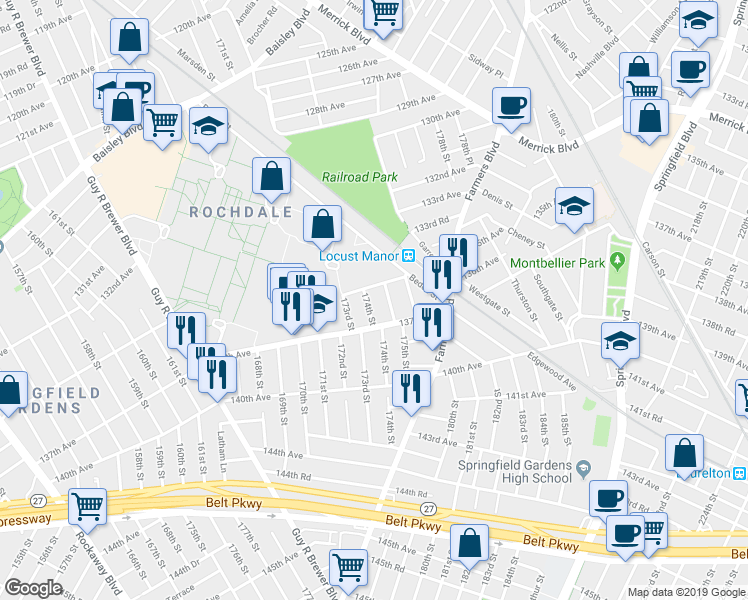map of restaurants, bars, coffee shops, grocery stores, and more near 134-41 174th Street in Queens