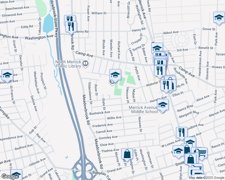 map of restaurants, bars, coffee shops, grocery stores, and more near 1786 State Street in Merrick
